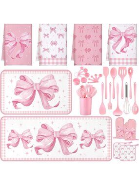 30 Pcs Pink Bow Kitchen Decor Set | Utensils, Towels, Rugs, Mitts & Holders
